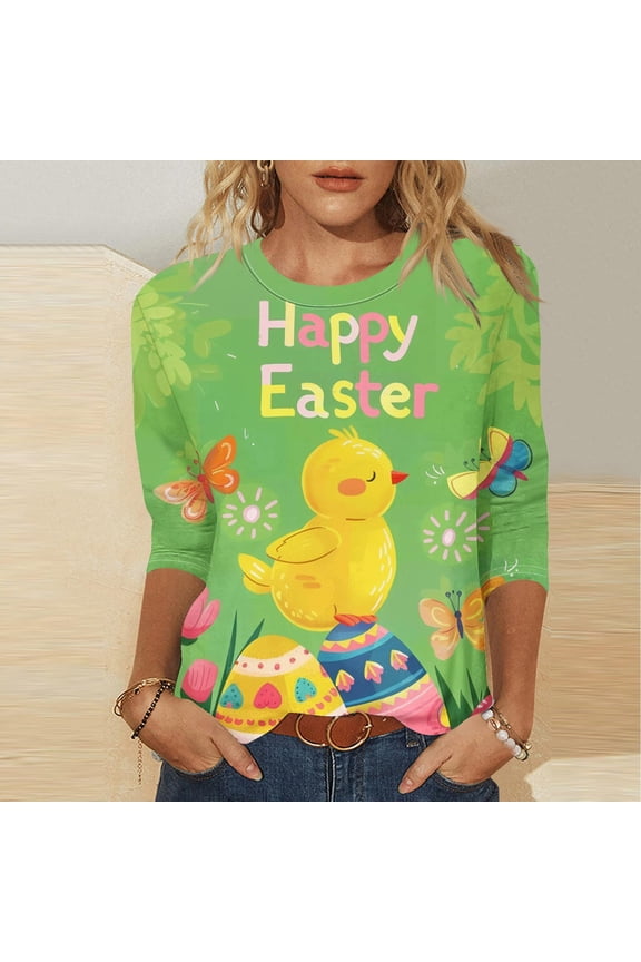 Women 3/4 Sleeve Casual T-Shirt Easter Bunny Printed Cotton Blend Top Round Neck Loose Fit Spring Seasonal Clothing Gift for Her Green M