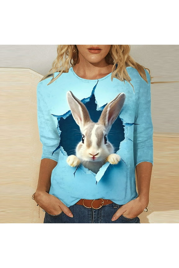 Women 3/4 Sleeve Casual T-Shirt Easter Bunny Printed Cotton Blend Top Round Neck Loose Fit Spring Seasonal Clothing Gift for Her Purple XL