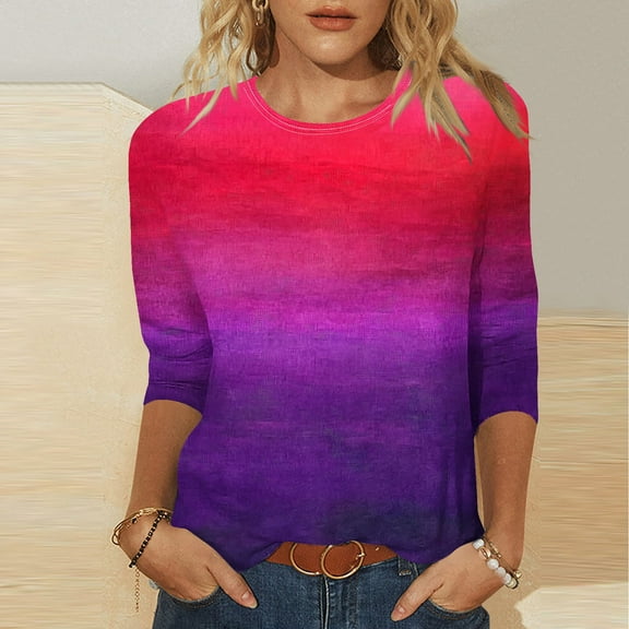 LYEAA Women 3/4 Sleeve Casual Tops Stretchy Solid Color Crew Neck Soft Cotton T-Shirt Comfortable Homewear Basic Tee for Daily Wear Lounge Hot Pink L