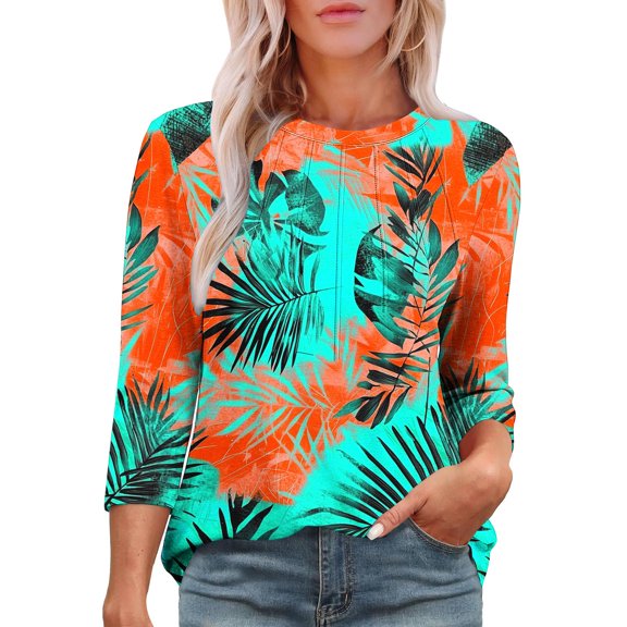 LYEAA Women 3/4 Sleeve Cotton Blend Tops Printed Crew Neck Casual Shirts Elastic Waist Summer Outfits Lightweight Beach Vacation Wear Sky Blue L