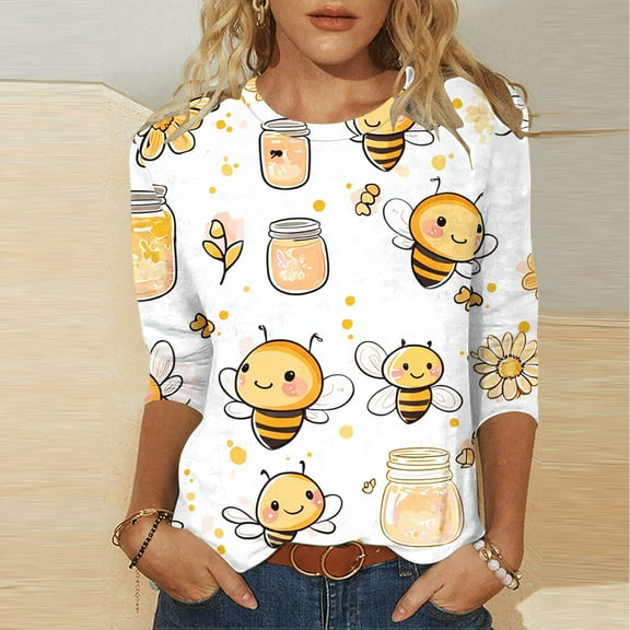 LYEAA Women 3/4 Sleeve Festival Tops Round Neck Bee Pattern Casual Blouse Soft Cotton Blend Comfort Fit Summer Outfit Yellow L