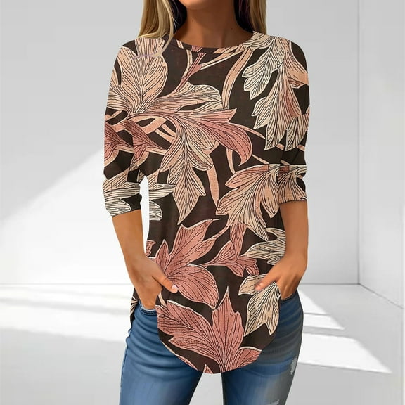 LYEAA Women 3/4 Sleeve Floral Tops Crew Neck Casual Blouses Lightweight Loose Fit Summer Shirts Elastic Waist Vacation Outfits Office Wear Brown XL