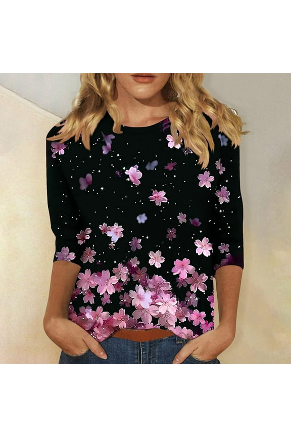 Women 3/4 Sleeve Floral Tops Vintage Inspired Loose Fit Blouse Elastic Hem Round Neck Breathable Yoga Casual Wear Multicolor M
