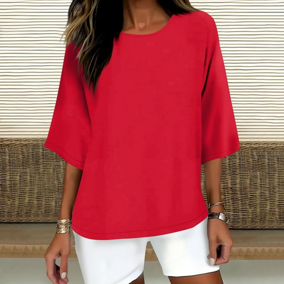LYEAA Women 3/4 Sleeve Round Neck Casual Top Pure Color Elastic Comfort Blouse for Summer Outdoor Daily Wear Soft Breathable Cotton Shirt Red XXL