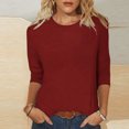 thumbnail image 1 of LYEAA Women 3/4 Sleeve Round Neck T-Shirt Soft Cotton Casual Solid Color Top Breathable Loungewear Stretchy Basic Tee for Home Yoga Wine XL, 1 of 6