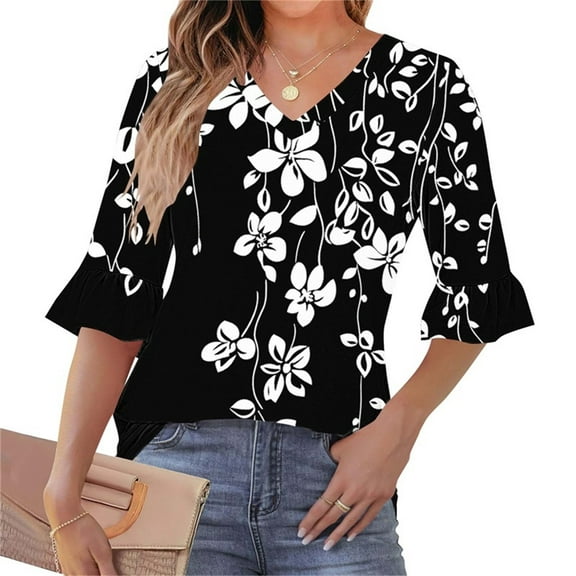 LYEAA Women 3/4 Sleeve Shirt Bell Sleeve Ruffled Tunic Top with Pleated Front Lightweight Spring Summer Tops Black M