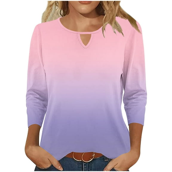 LYEAA Women 3/4 Sleeve T-Shirts Casual Round Neck Solid Color Summer Tops Lightweight Breathable Stretch Daily Wear Blouse Lace Trim Office Casual Outfit Pink M