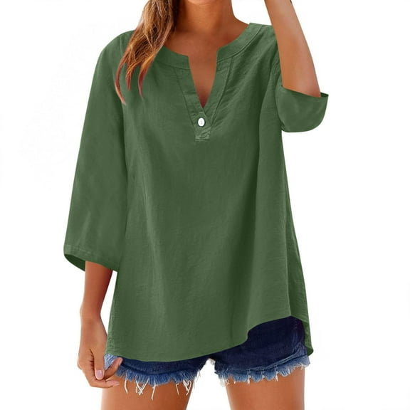 LYEAA Women 3/4 Sleeve Tops V Neck Button Down Shirt with Linen-Like Fabric Soft Casual Spring Summer Daily Wear Breathable Comfort Solid Color Loose Blouse for Office Vacation Green S