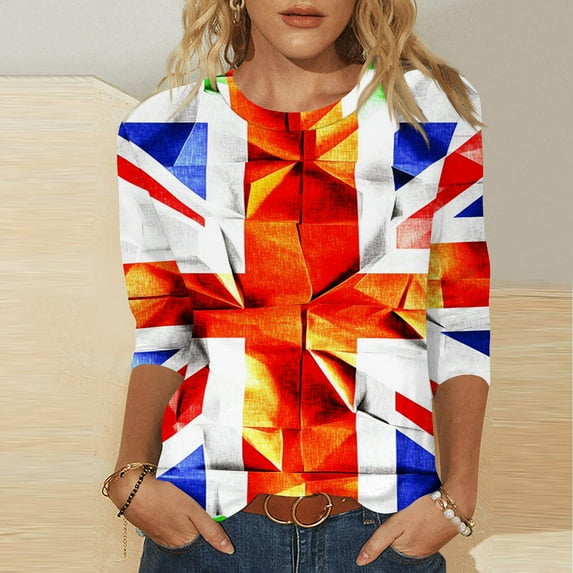 LYEAA Women 3/4 Sleeve UK Flag Print Shirt, Round Neck Casual Summer Tops, Comfortable Stretchy Fabric Blouse for Beach Vacation Daily Outfits Blue XL