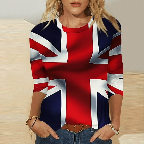 LYEAA Women 3/4 Sleeve UK Flag Print Shirt, Round Neck Casual Summer Tops, Comfortable Stretchy Fabric Blouse for Beach Vacation Daily Outfits Blue XXL