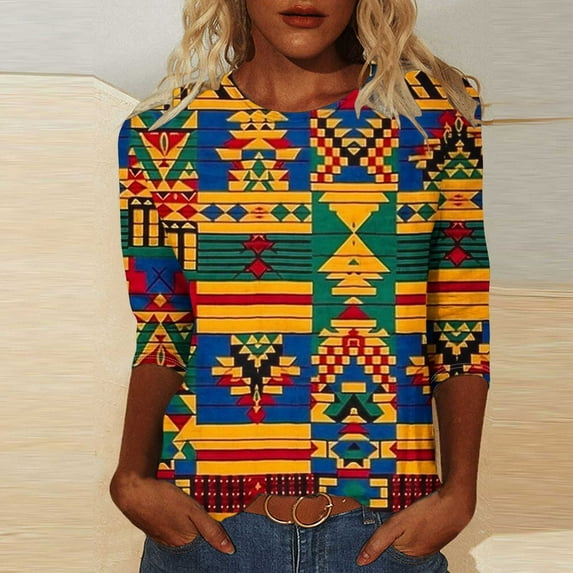 LYEAA Women African Diaspora Tee 3/4 Sleeve Round Neck Cotton Shirt Loose Fit Casual Cultural Apparel Black History Month Wear Multicolor S
