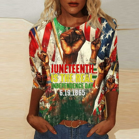 LYEAA Women African Diaspora Tee 3/4 Sleeve Round Neck Cotton Shirt Loose Fit Casual Cultural Apparel Black History Month Wear Multicolor S