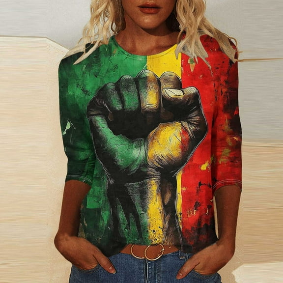 LYEAA Women African Diaspora Tee 3/4 Sleeve Round Neck Cotton Shirt Loose Fit Casual Cultural Apparel Black History Month Wear Multicolor XL