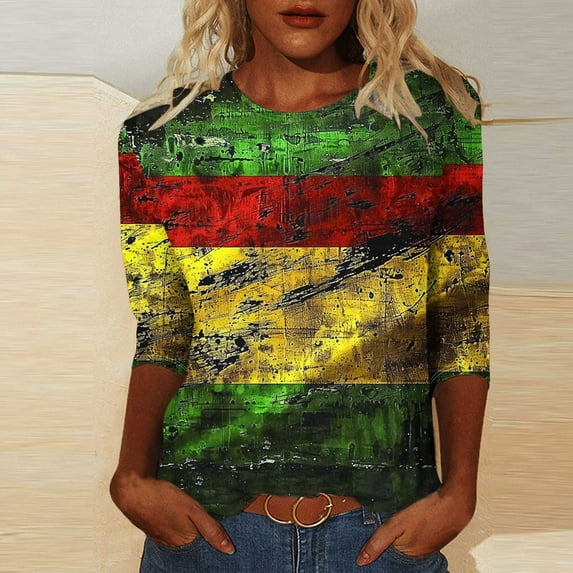 LYEAA Women African Diaspora Tee 3/4 Sleeve Round Neck Cotton Shirt Loose Fit Casual Cultural Apparel Black History Month Wear Multicolor XXXXXL