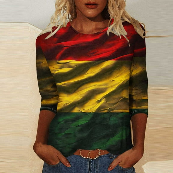 LYEAA Women Black Heritage Graphic Tee 3/4 Sleeve Round Neck Cotton Shirt Loose Fit Casual Tops African American Cultural Apparel Multicolor L