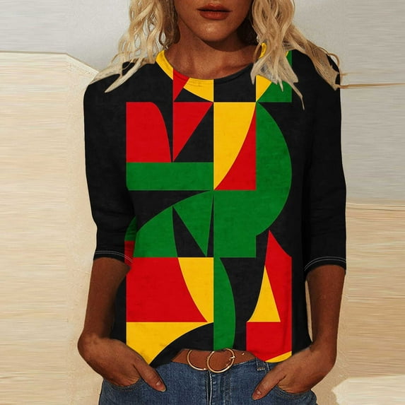 LYEAA Women Black Heritage Graphic Tee 3/4 Sleeve Round Neck Cotton Shirt Loose Fit Casual Tops African American Cultural Apparel Multicolor M