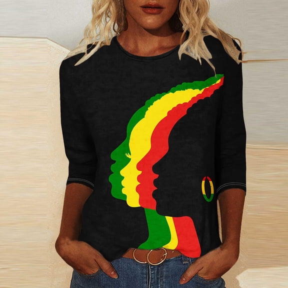 LYEAA Women Black History Commemorative Tee 3/4 Sleeve Round Neck Blouse Soft Cotton Loose Fit Casual Afrocentric Cultural Wear Multicolor XL