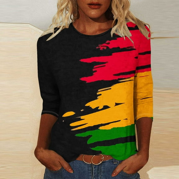 LYEAA Women Black History Month Print 3/4 Sleeve T-Shirt Casual Round Neck Loose Fit Cotton Top Afrocentric Cultural Apparel Everyday Wear Multicolor XL