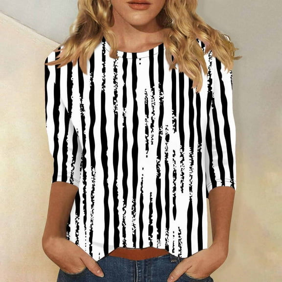 LYEAA Women Boho Chic 3/4 Sleeve Printed Blouse Round Neck Loose Fit T-Shirt with Side Slits for Casual Office Outfits Multicolor S