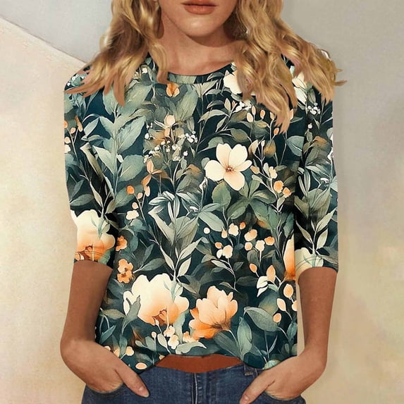 LYEAA Women Boho Chic 3/4 Sleeve Printed Blouse Round Neck Loose Fit T-Shirt with Side Slits for Casual Office Outfits Multicolor XL
