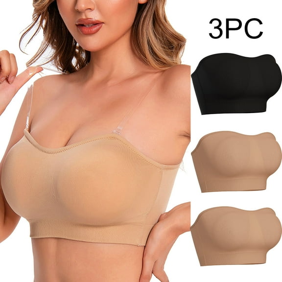 LYEAA Women Bras Plus Size Push up Pack of 3 Wireless Padded Strapless Convertible Stretch Bandeau No Wire Solid Seamless Invisible Support Clear Strap Breathable Comfort Soft Everyday Bra Black 2XL