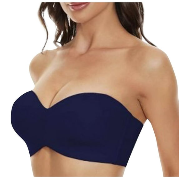 LYEAA Women Bras Push up with Wire Underwire Plus Size No Padding Strapless Convertible Bandeau Solid Removable strap Support Non-Slip Breathable Comfort Thin Soft Sleeping Everyday Bra Blue 42/95D