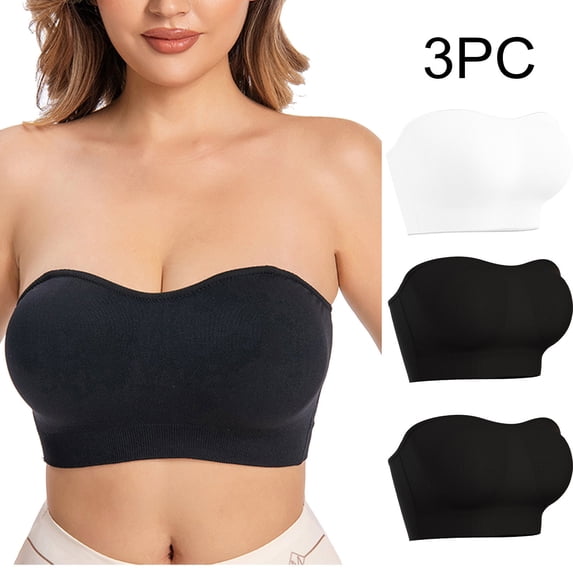 LYEAA Women Bras Push up Wireless Pack of 3 Plus Size Padded Strapless Convertible Stretch Bandeau No Wire Solid Seamless Invisible Support Clear Strap Breathable Comfort Soft Everyday Bra White M