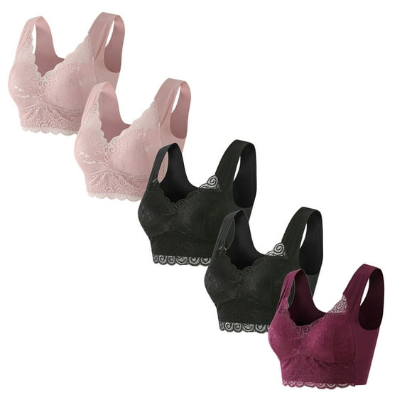 LYEAA Women Bras Wireless Plus Size 5 Pack No Wire Wirefree Lace Everyday Bras Push up Breathable Pullover Daily Sleep Bras Comfort Lift Support Shaping Full Figure Soft Stretch T-Shirt Bras Pink M