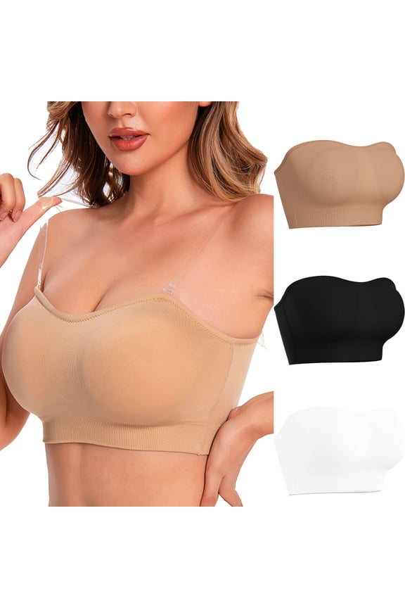 Women Bras Wireless Push up Pack of 3 Plus Size Padded Strapless Convertible Stretch Bandeau No Wire Solid Seamless Invisible Support Clear Strap Breathable Comfort Soft Everyday Bra Beige M