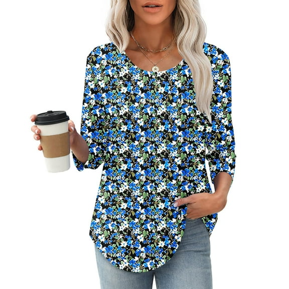LYEAA Women Breathable Cotton Blouse 3/4 Sleeve Round Neck Printed Tops with Front Ruffle Detail Elastic Cuffs Casual Spring Summer Tunic Multicolor L