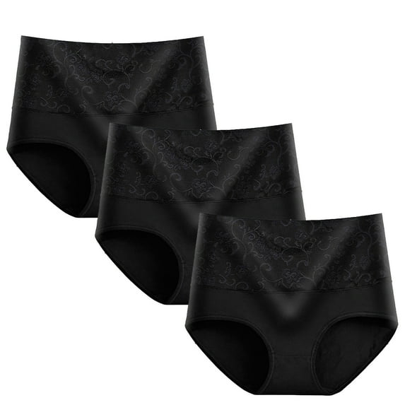 LYEAA Women Briefs Panties Pack of 3 Plus Size Cotton High Waisted Cool Underwear Breathable Comfort Solid Lace Daily Full Fashionable Underpants Black 3XL