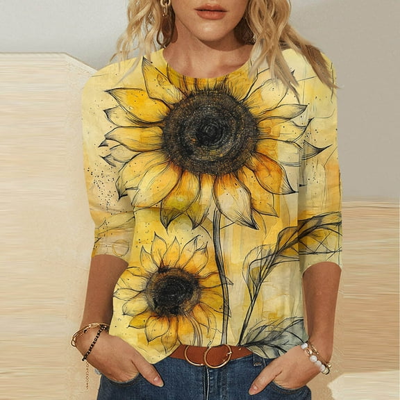 LYEAA Women Casual 3/4 Sleeve Round Neck Shirts Elastic Waist Soft Cotton Tops with Side Pockets Lightweight Summer Outdoor Wear Yellow S