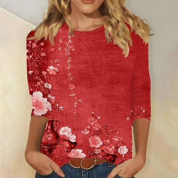 LYEAA Women Casual 3/4 Sleeve T-Shirt Floral Print Round Neck Loose Fit Summer Top Breathable Cotton Comfortable Daily Wear Blouse for Outdoor Activities Red M
