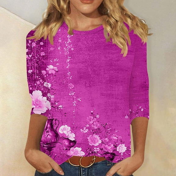 LYEAA Women Casual 3/4 Sleeve T-Shirt Floral Print Round Neck Loose Fit Summer Top Breathable Cotton Comfortable Daily Wear Blouse for Outdoor Activities Hot Pink XL