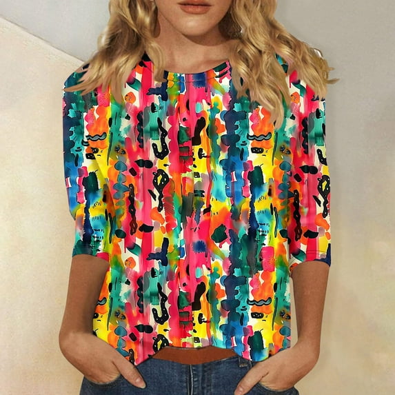 LYEAA Women Casual 3/4 Sleeve Tops Vintage Inspired Floral Print Loose Fit T-Shirt Soft Cotton Blend for Coffee Shop Daily Style Multicolor XXXXXL