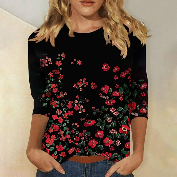 LYEAA Women Floral 3/4 Sleeve Tops Retro Inspired Casual Shirt Loose Fit Round Neck Design Soft Fabric for Museum Visits Outfits Black XXL