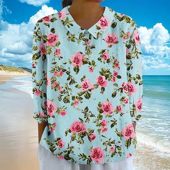 LYEAA Women Floral Embroidery 3/4 Sleeve Blouses Round Neck Pullover Tops with Decorative Buttons Soft Cotton Blend Fabric Work Casual Wear Sky Blue S