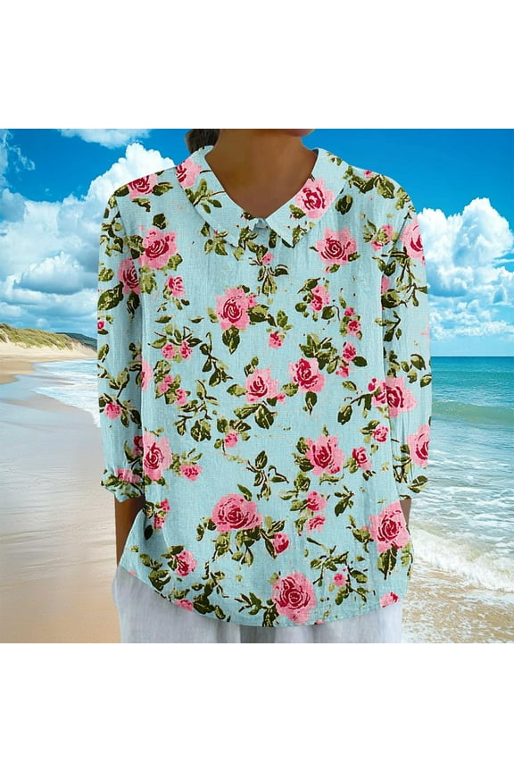 Women Floral Embroidery 3/4 Sleeve Blouses Round Neck Pullover Tops with Decorative Buttons Soft Cotton Blend Fabric Work Casual Wear Sky Blue XL