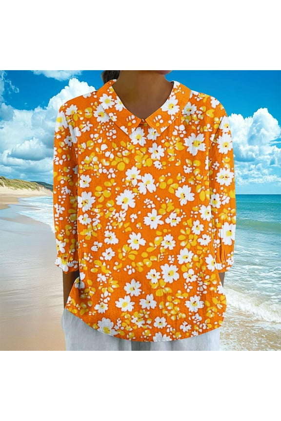 Women Floral Embroidery 3/4 Sleeve Blouses Round Neck Pullover Tops with Decorative Buttons Soft Cotton Blend Fabric Work Casual Wear Yellow L