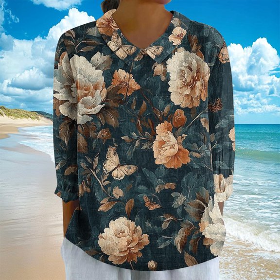 LYEAA Women Floral Pattern 3/4 Length Sleeve Tops with Roll-Up Cuff Button Detail Soft Jersey Fabric Casual Spring Tunic Shirt for Plus Size Navy S