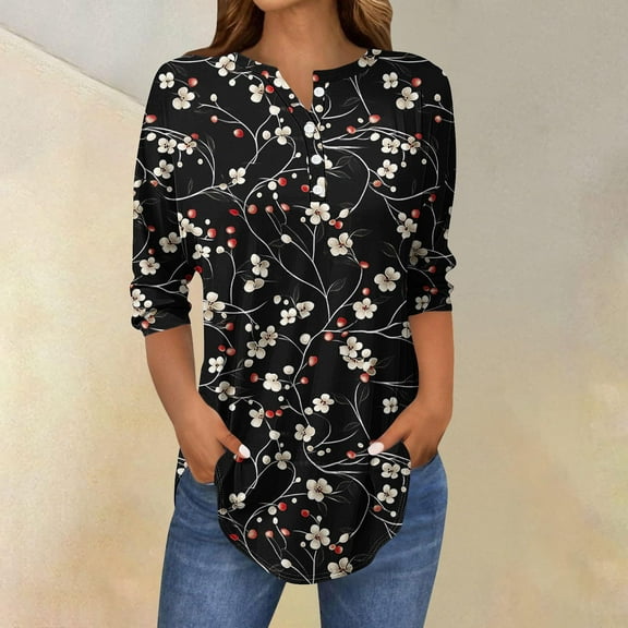 LYEAA Women Floral Print 3/4 Length Sleeve Button Down Shirt Round Neck Blouse Stretchy Cuffs with Side Slits for Easy Movement Multicolor M