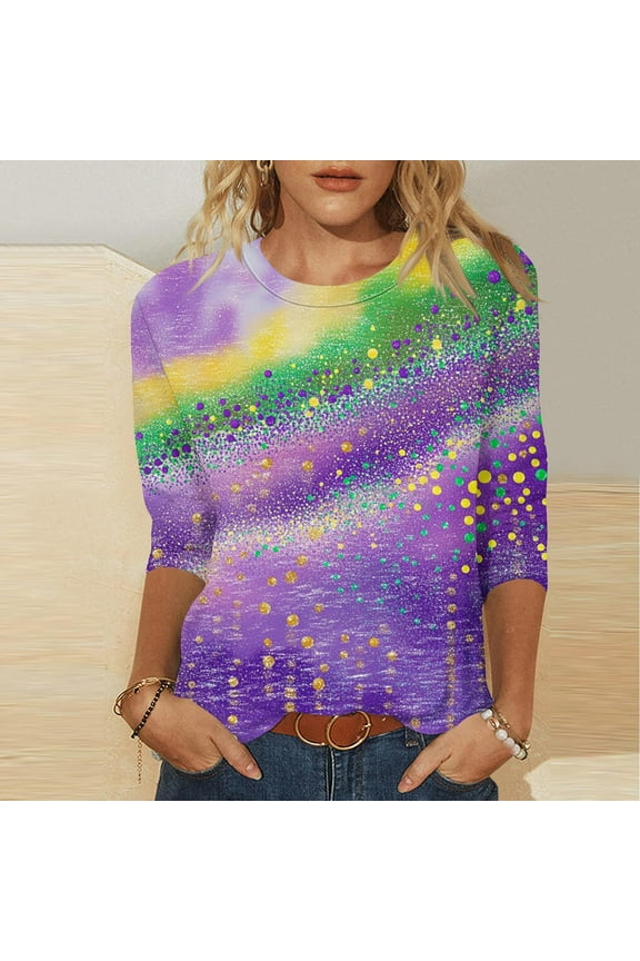 Women Gradient Color Print 3/4 Sleeve Tops Moisture-Wicking Performance Fabric V-Neck T-Shirt for Gym Sessions Zumba Classes Purple M