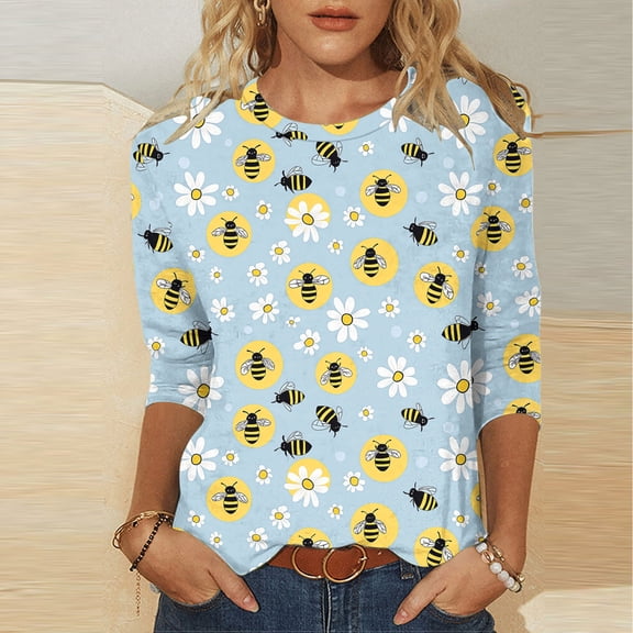 LYEAA Women Honeycomb Design 3/4 Sleeve T-Shirt Round Neck Casual Festival Top Lightweight Breathable Cotton Summer Wear Light Blue S