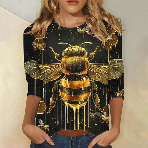 LYEAA Women Honeycomb Design 3/4 Sleeve T-Shirt Round Neck Casual Festival Top Lightweight Breathable Cotton Summer Wear Yellow S