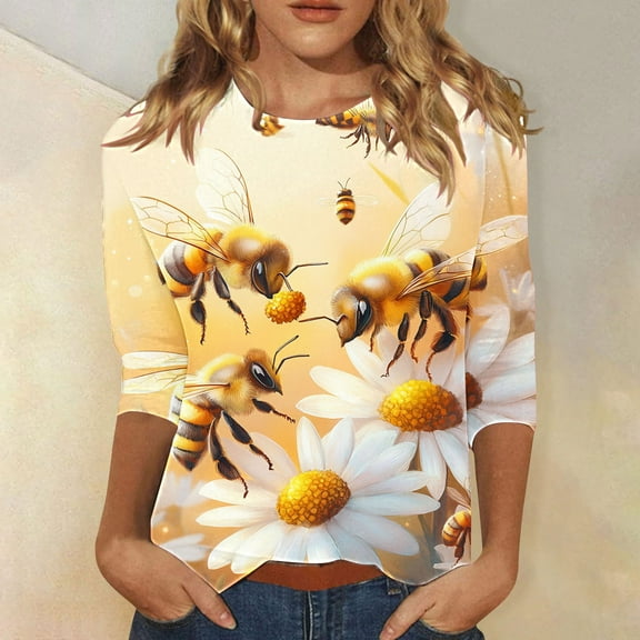 LYEAA Women Honeycomb Print 3/4 Sleeve Blouse Round Neck Pullover Casual Festival Tops Lightweight Breathable Cotton Daily Wear Yellow XXXL