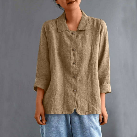 LYEAA Women Loose Fit 3/4 Sleeve Round Neck Linen Cotton Blouse Casual Summer Tops Breathable Shirt for Office Wear Daily Outfits Khaki XL