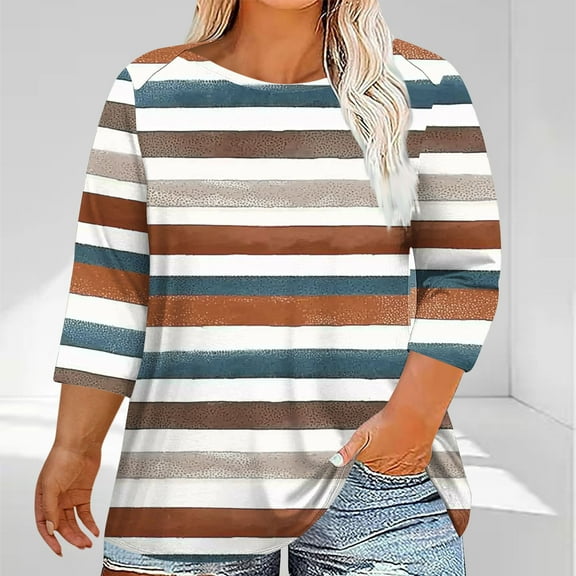LYEAA Women Plus Size Cross Neck 3/4 Sleeve Tops Printed Casual T-Shirts Soft Stretch Fabric Loose Fit Beach Vacation Clothes 2025 Trendy Summer Outfits Brown XXXL