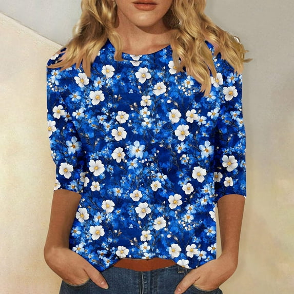 LYEAA Women Printed 3/4 Length Sleeve Tops Round Neck Loose Fit Cotton Blouse Casual Spring Summer Shirt Breathable Office Daily Wear Garden Party Multicolor S