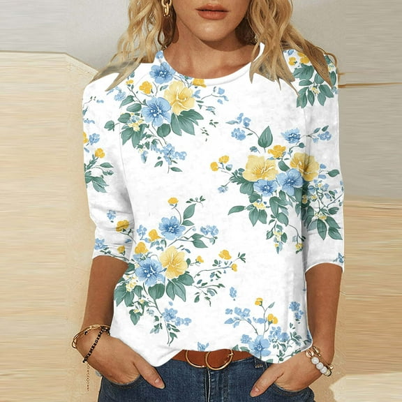 LYEAA Women Printed 3/4 Sleeve Round Neck T-Shirt Loose Fit Casual Top Breathable Cotton Blend for Summer Outfits Daily Wear Yellow L