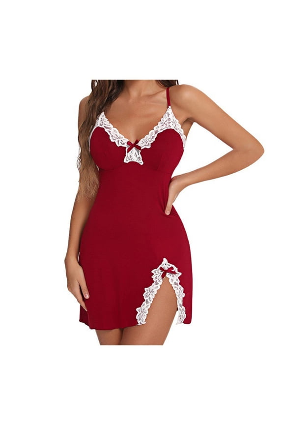 Women Sleepwear Dress Sleeveless Plus Size Bowknot Cozy Summer Sling Mini Night Gowns Solid V Neck Slit Bodysuit Casual Soft Pajamas Loungewear Fashion Elegant Women's Nightdress Red 2XL